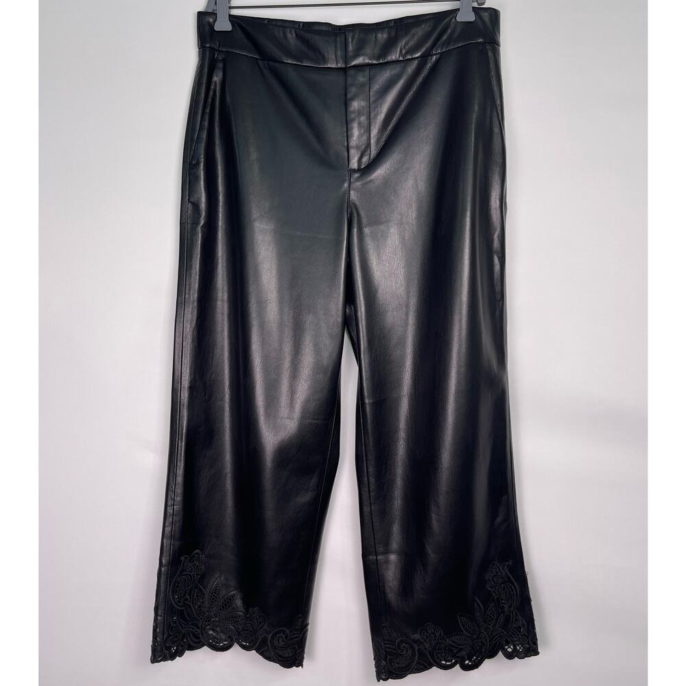 Chico’s Black Faux Leather Cropped Trousers Lace Hem Wide Leg Pants 10 Petite - Picture 3 of 13